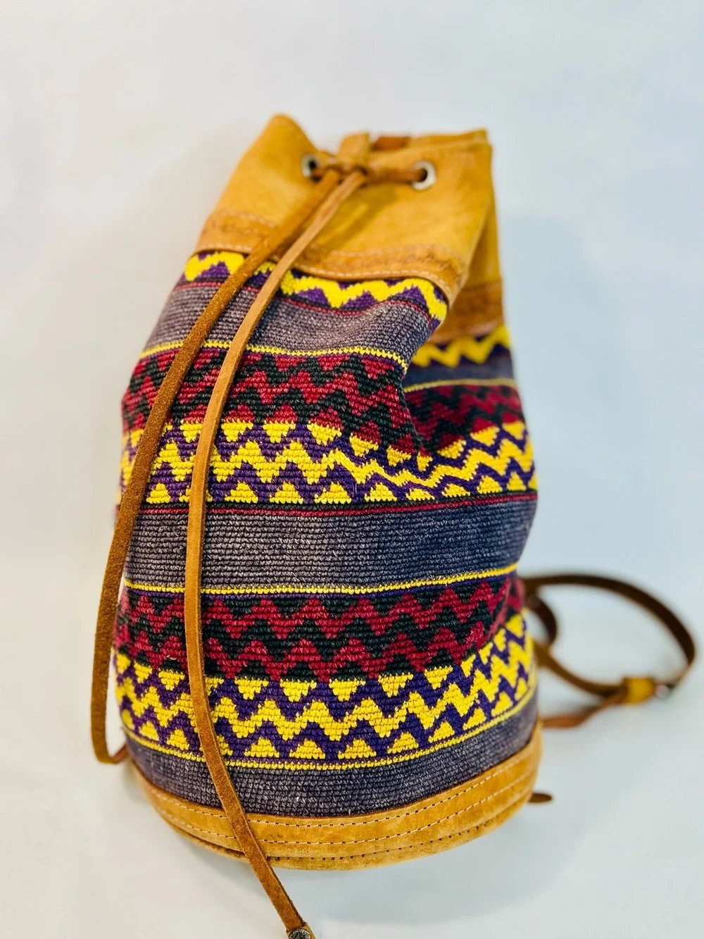 Vintage Handwoven Kilim Backpack Bucket Bag, Drawstring, Tribal Pattern, Leather